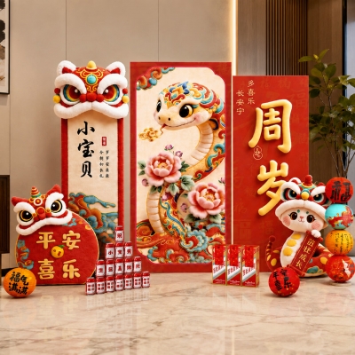 玺飞周岁生日布置装饰蛇宝宝抓周用品套装场景氛围感周岁宴kt板背景墙 次日达/蛇宝贺岁【基础款】